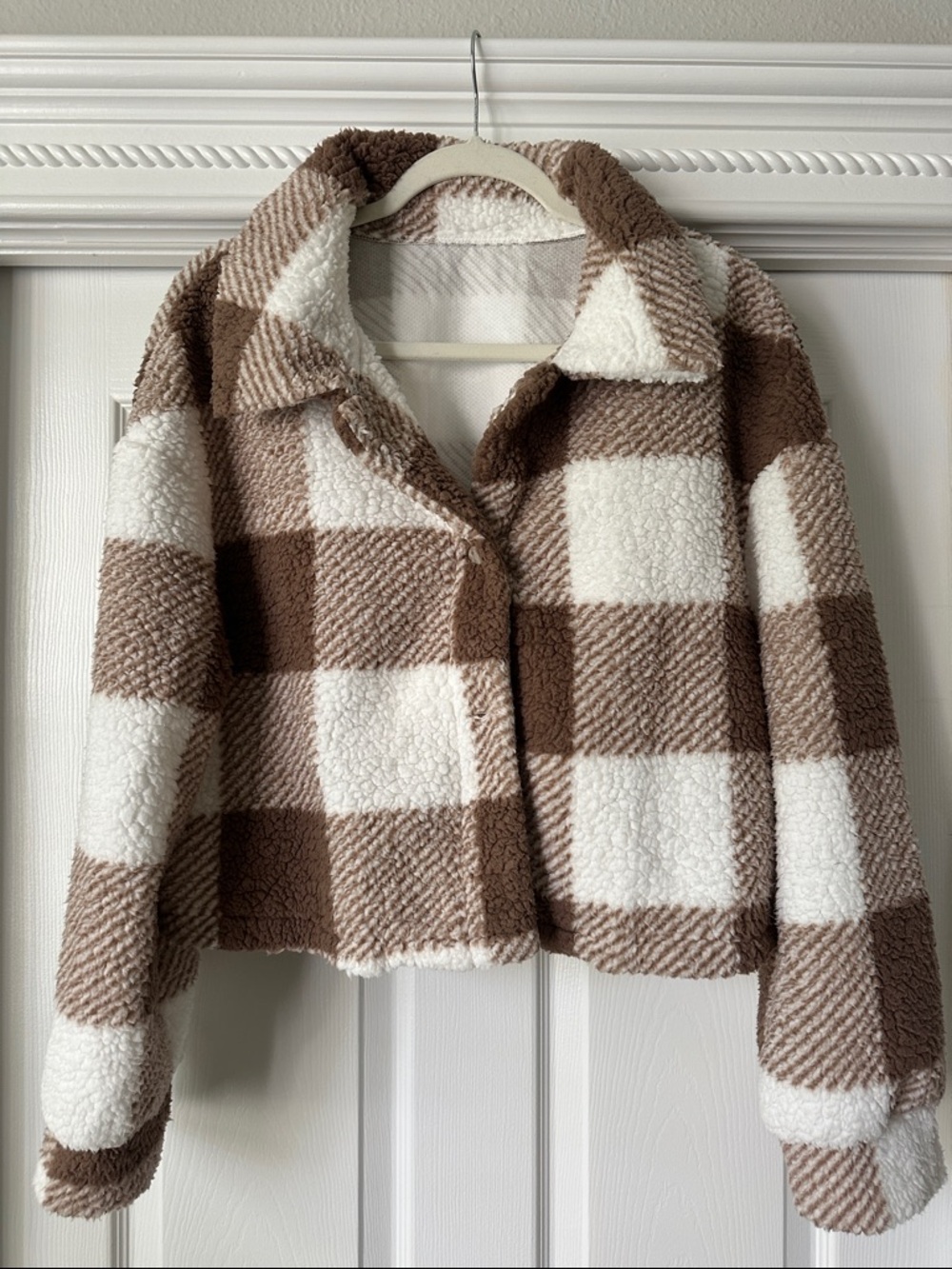 Women's Brown & White Plaid Teddy Jacket - Cozy Check Collared Coat